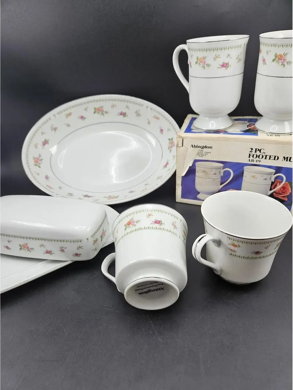 Abingdon Floral Pink Green Shower Setup Kit 6pc Hostess Set Mug Butter Dish Bowl